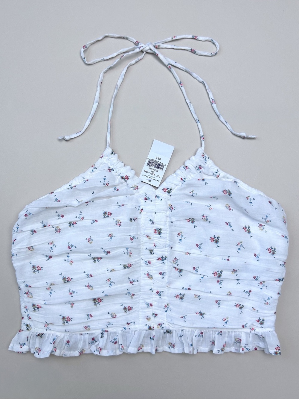 Aerie White Floral Cottagecore 100% Cotton Ruffle Smocked Cropped Halter Top NWT